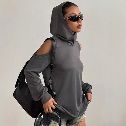 Autumn And Winter Solid Color Off-the-shoulder Hooded Women's Fashion Sweater