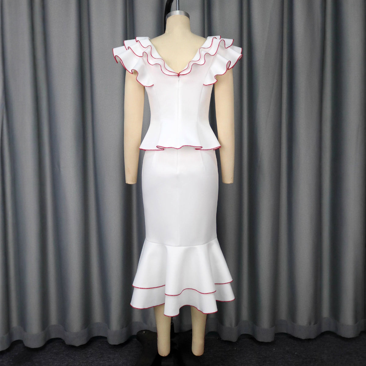 Women's Ruffled Contrast Color Top Temperament Slim Fishtail Skirt Suit