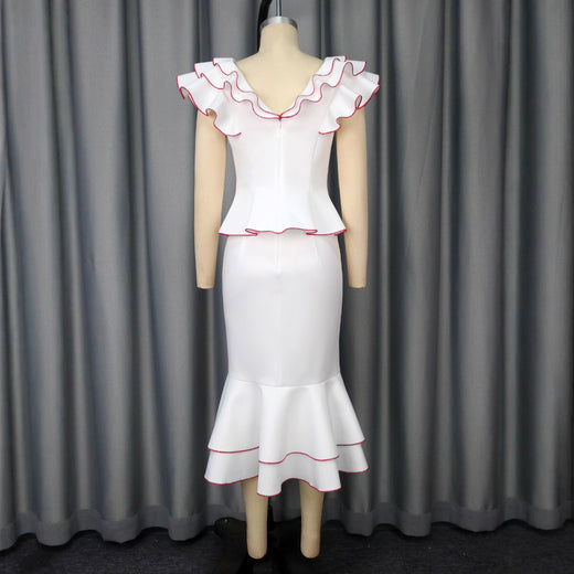 Women's Ruffled Contrast Color Top Temperament Slim Fishtail Skirt Suit