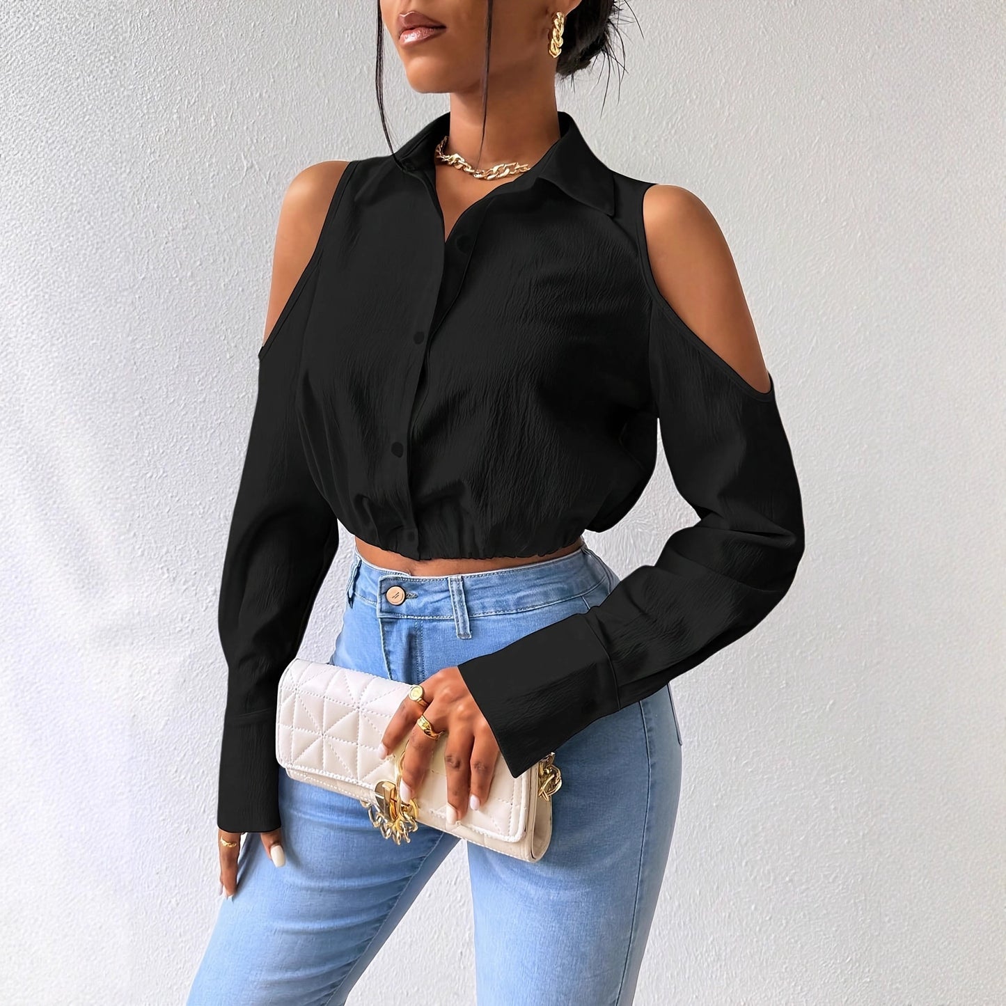 Womens Lapel-button-up Cardigan With A Sophisticated Blouse Design