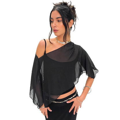 Solid-color Spaghetti-strap Midriff-baring Mesh Off-the-shoulder Outer Layer