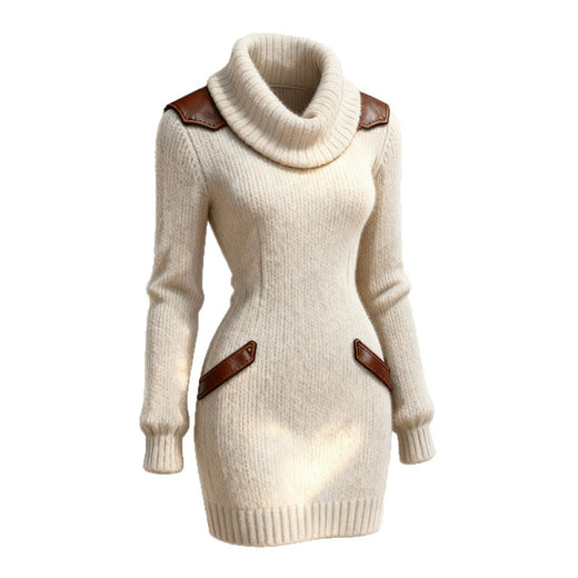 Casual Leather-Panelled Slim-Fit Turtleneck Knit Dress