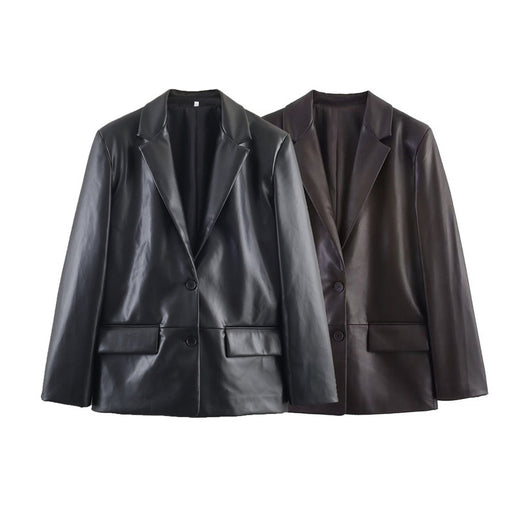 Fashion Temperament Women's Straight Leather Effect Blazer