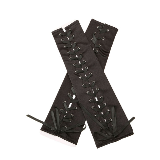 Long Black Satin Arm Sleeve Long For Wedding Lace-up Fingerless Gloves