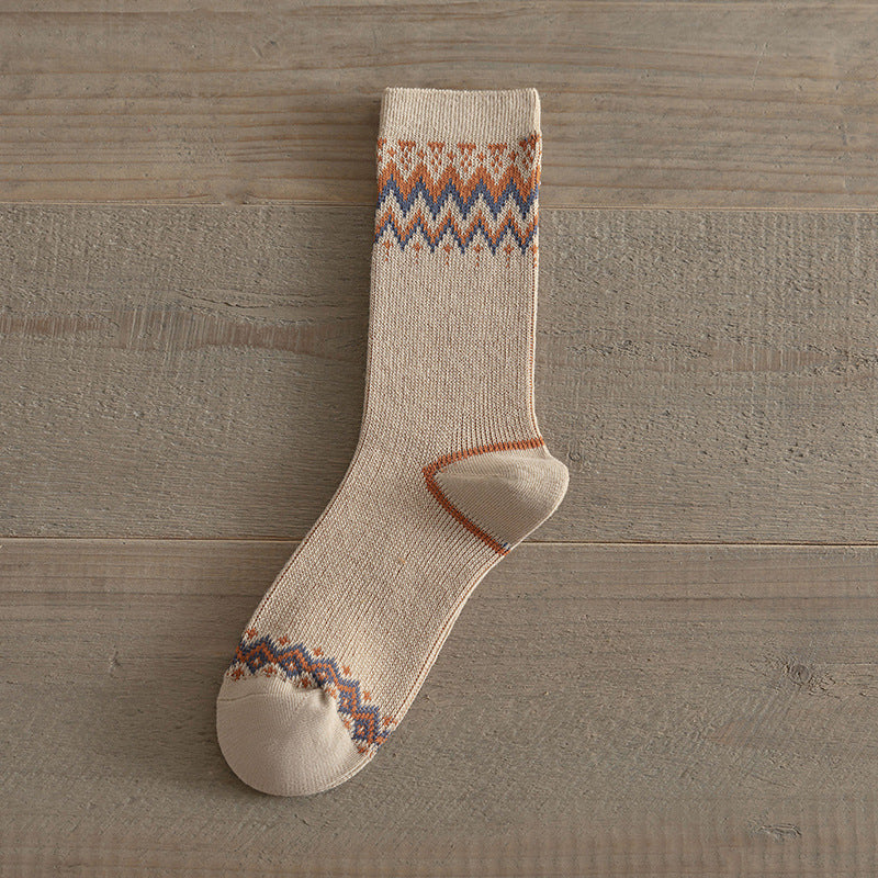 Double-Needle Dual-Channel Sweat-Absorbing Breathable Wireless Top Preppy-Style Mid-Calf Women's Socks