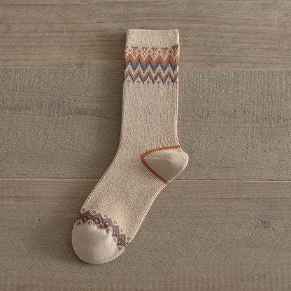 Double-Needle Dual-Channel Sweat-Absorbing Breathable Wireless Top Preppy-Style Mid-Calf Women's Socks