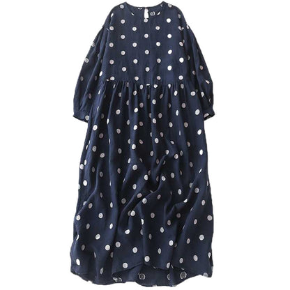 Artistic Retro Blue Polka-Dot Dress Crew-Neck Long-Sleeve French-Elegance Cotton-Linen Jumper Dress