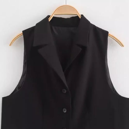 Womens Solid-Color Elegant Lapel Sleeveless Single-Breasted Vest