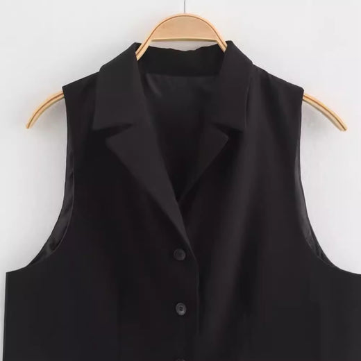 Womens Solid-Color Elegant Lapel Sleeveless Single-Breasted Vest