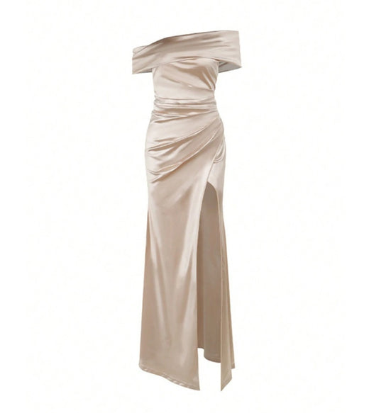 Elegant Off Shoulder Satin Slit Dress, Wedding Extra Long Formal Gown, Christmas Party Dress, Bridesmaid Dress
