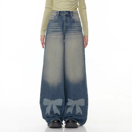 Retro Wide-leg Bow-tie Printed Washed Denim Jeans