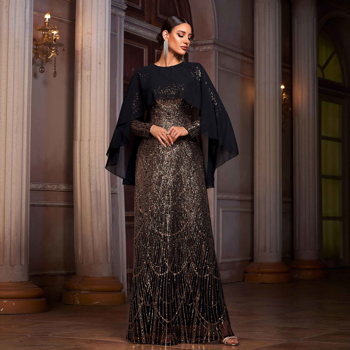 Elegant Long Sleeve Round Neck Shawl Banquet Sequined A- Line Evening Dress