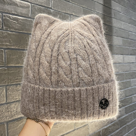 Cute Cat-ear Knitted Wool Warm Hat Versatile Face-slimming