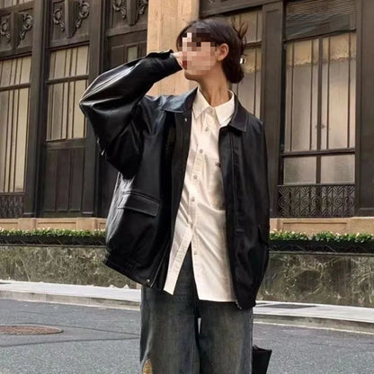 Women's Spring And Fall American Retro Loose Black Motorcycle Leather Jacket