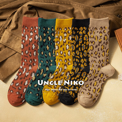 Ins Combed Cotton Mid-calf Socks Double-needle Korean-style Leopard Print