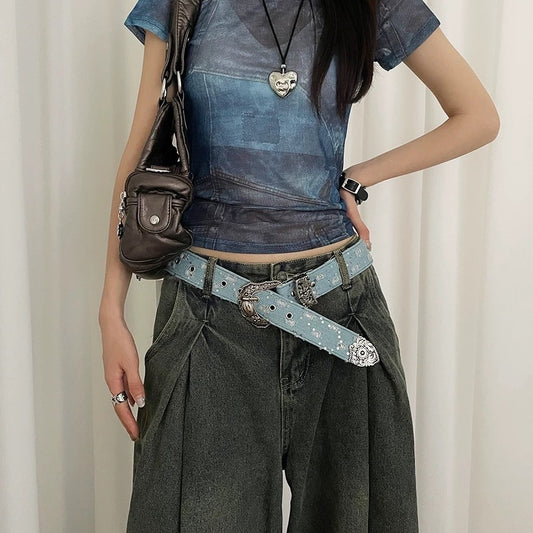 Blue Denim Belt Vintage Carved Leather Belt Accessory