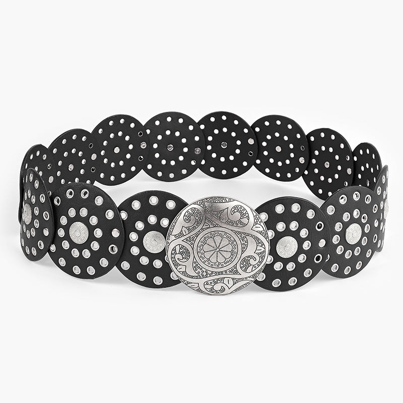 Disc Hook Leather Retro Rivet Alloy Belt Wide Belt