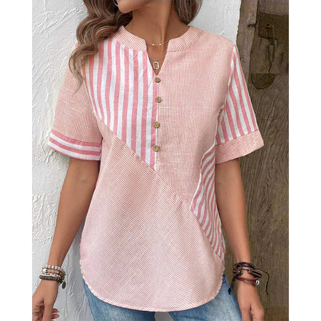 Womens Plus-Size Asymmetrical Striped Patchwork Cotton-Linen Top