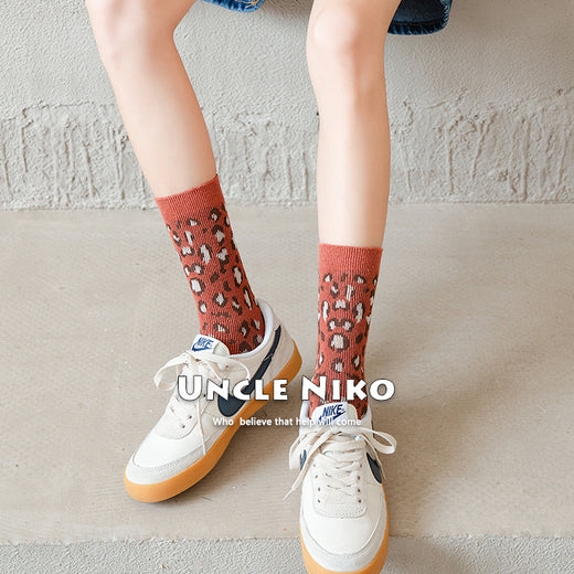 Ins Combed Cotton Mid-calf Socks Double-needle Korean-style Leopard Print