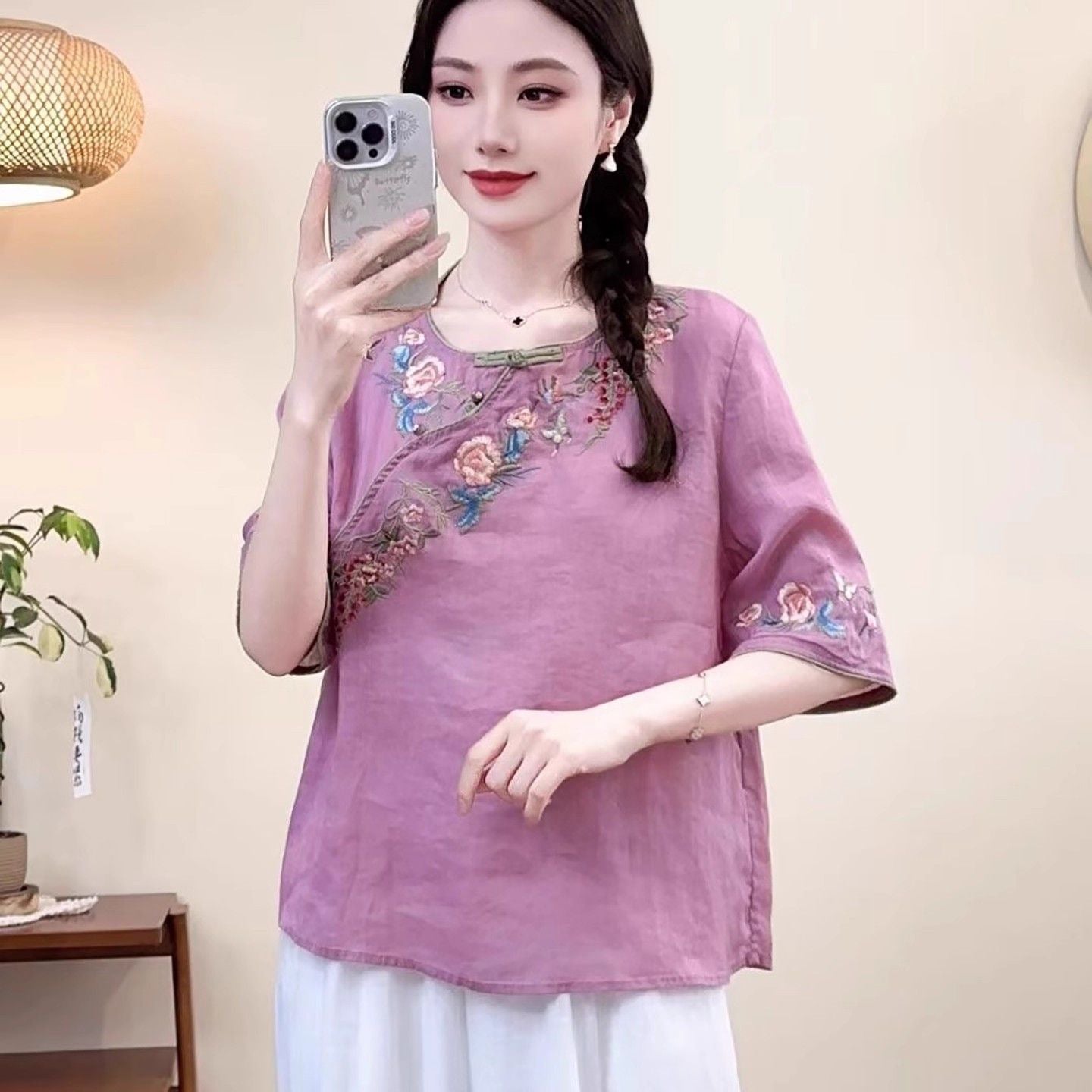 Women's Embroidered Button Cotton-Linen Short-Sleeve ShirtThree-Quarter Sleeve Top