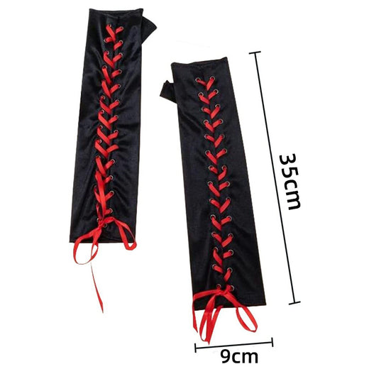 Long Black Satin Arm Sleeve Long For Wedding Lace-up Fingerless Gloves