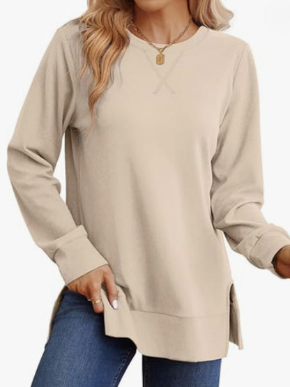 Womens Crew-Neck Long-Sleeve T-Shirt With Side Slits Casual Top