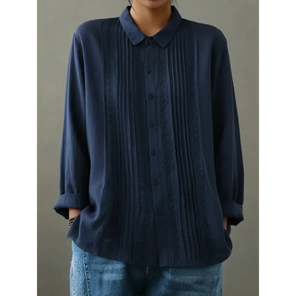 Womens Cotton-Linen Long-Sleeve Loose Shirt With Lace Trim