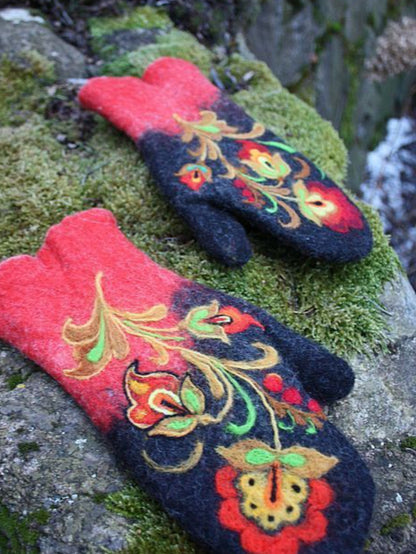 Thickened Color-block Embroidered Winter Warm Gloves For Women