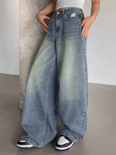 Water-washed Blue Wide-leg Extra-long Floor-length Jeans
