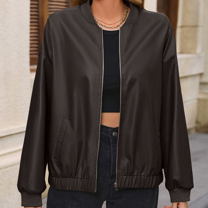 Women's Solid Color European And American Leisure Short Leather Jacket