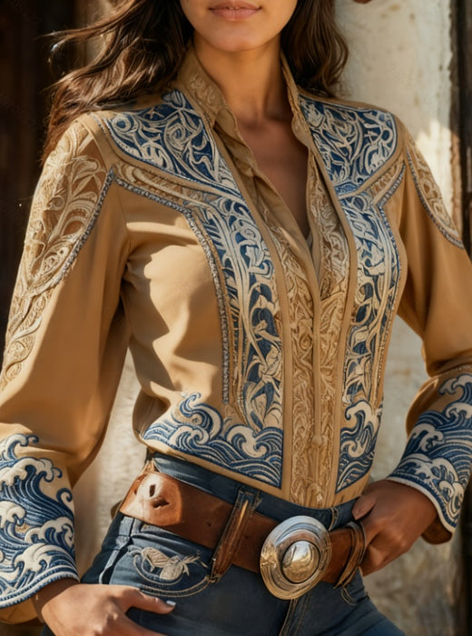 Western-style Embroidered Printed Lapel Shirt