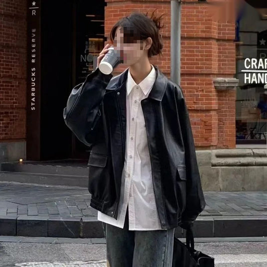 Women's Spring And Fall American Retro Loose Black Motorcycle Leather Jacket