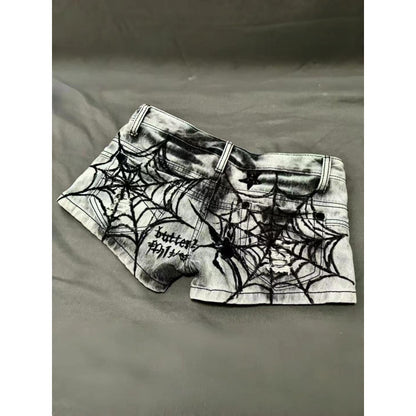 Womens American-style Spiderweb Print Diamond Skull And Star Denim Shorts