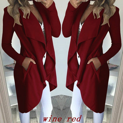 Women's Plus Size Solid Color Polo Collar Slim Fit Long Trench Coat