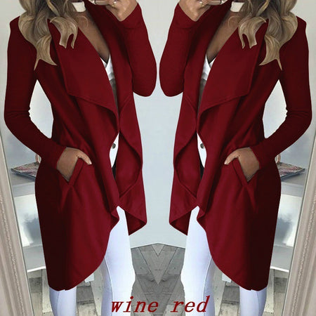 Women's Plus Size Solid Color Polo Collar Slim Fit Long Trench Coat