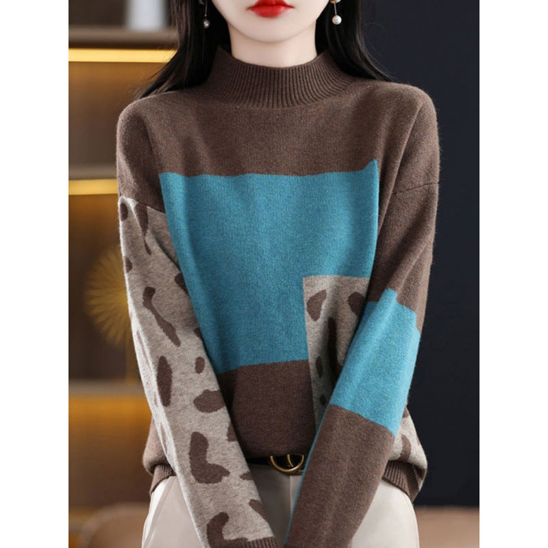 بلوزة نسائية برقبة نصف عالية، بنمط كتل الألوان، وطبقة أساسية ناعمة وسميكة جدًا