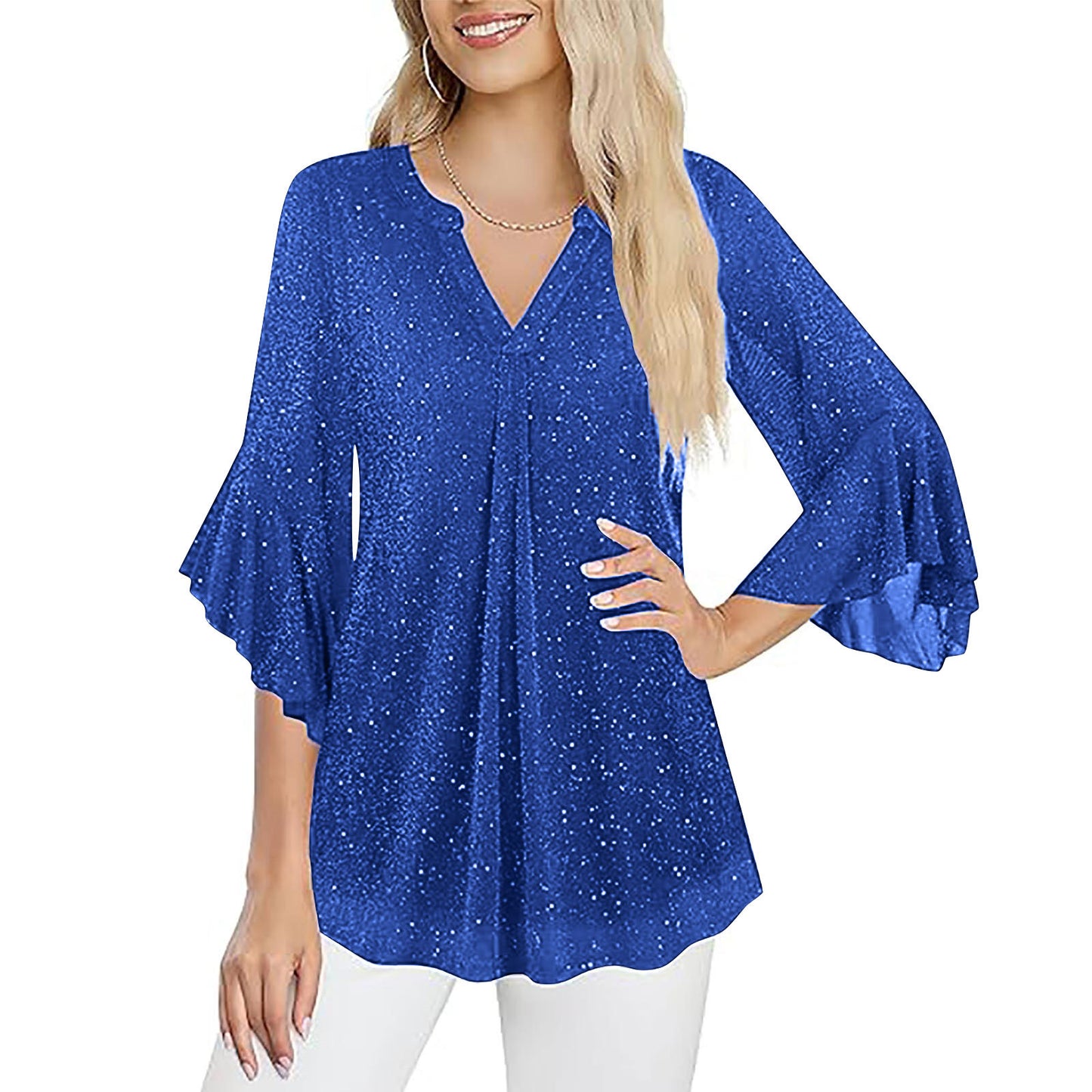 Womens Casual Silver-Thread Mesh V-Neck Petal Three-Quarter Sleeve Loose Top