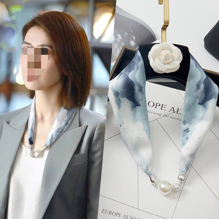 Magnetic Buckle Silk Women Scarf Pearl Necklace