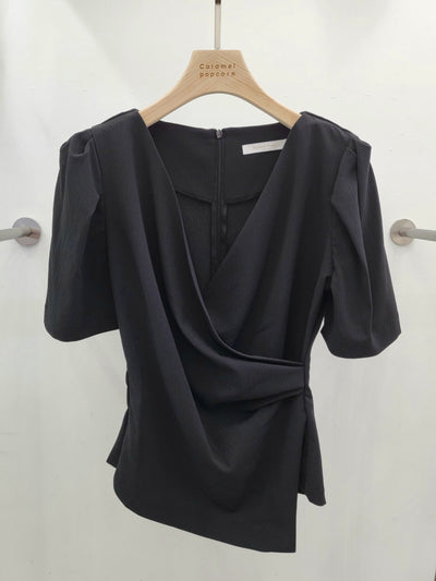 Womens Solid-Color French-Style Chic Asymmetrical Cross V-Neck Short-Sleeve Top