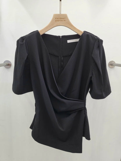 Womens Solid-Color French-Style Chic Asymmetrical Cross V-Neck Short-Sleeve Top