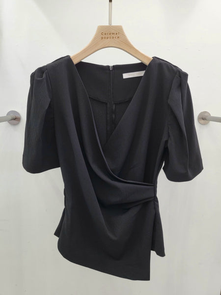 Womens Solid-Color French-Style Chic Asymmetrical Cross V-Neck Short-Sleeve Top