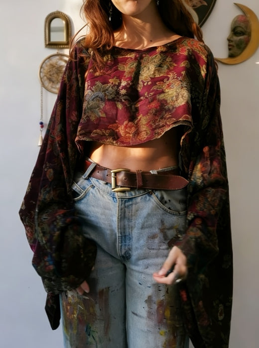 Women's Ethnic Style Printed Loose Long-sleeve Short Crop Top