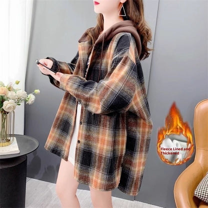 Casual Joker Hooded And Velvet Padded Plaid Shirt