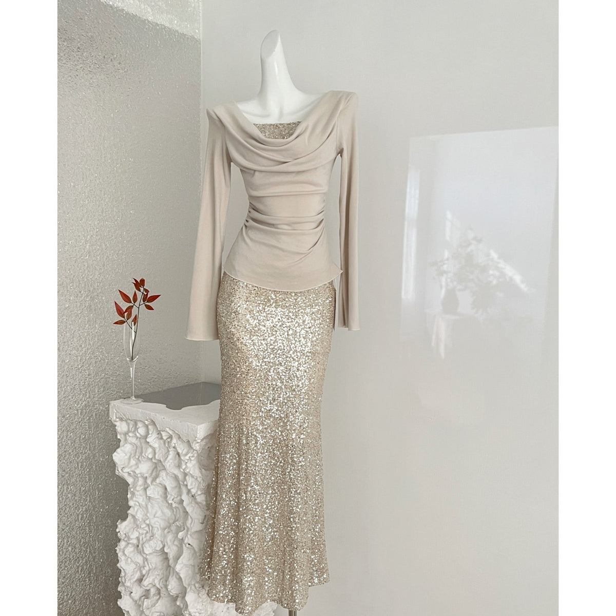 Women's Champagne Gold Sequin Two-Piece Evening Gown Set Ruched Top Mermaid Skirt Formal Party Dress