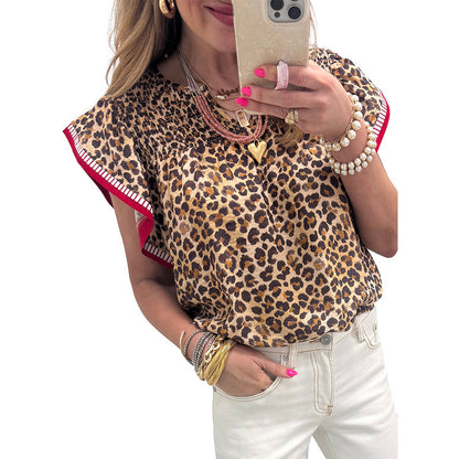 Womens Fashion Leopard-Print Ruffle-Trim Loose Chiffon Blouse