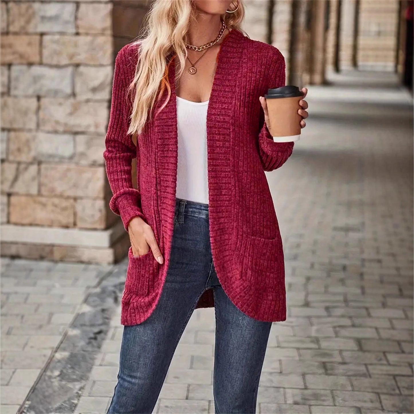 Women's Solid Color Casual Patchwork Long Sleeve Cardigan Jacket