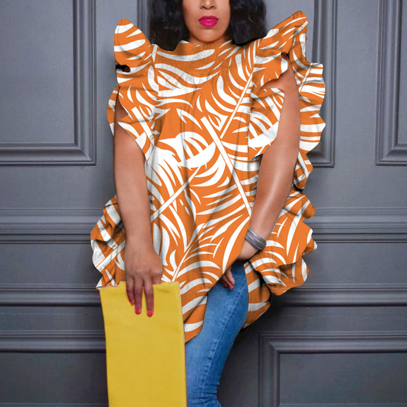 Women's Plus-Size Printed Crew-Neck Ruffle-Trim Loose-Fit Blouse