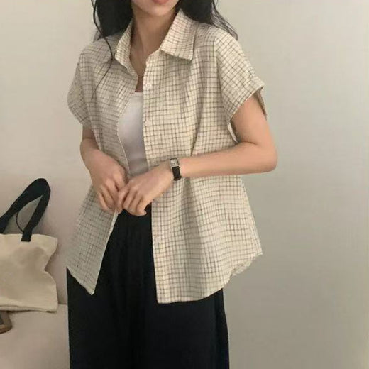 Womens Loose Korean-Style Retro Color-Block Plaid Short-Sleeve Shirt