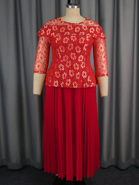 Women's Solid Color Versatile Lace Long Sleeved Pleated Skirt