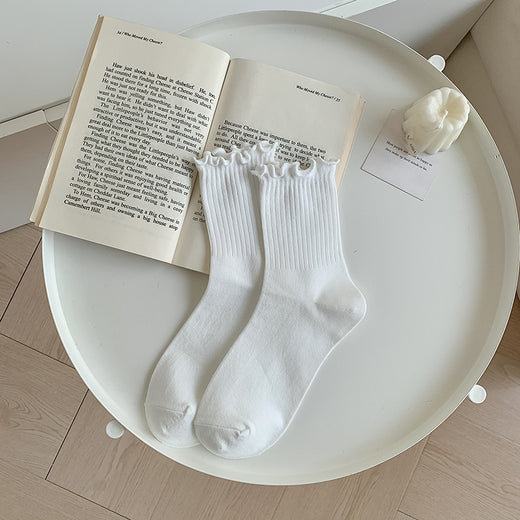 Solid-color Ruffle-trimmed Socks For Women